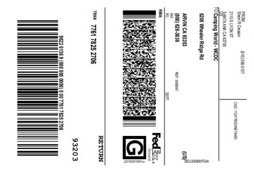 Camping world Return Label