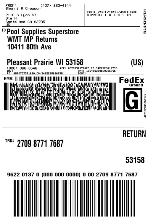 Hayward Return Label