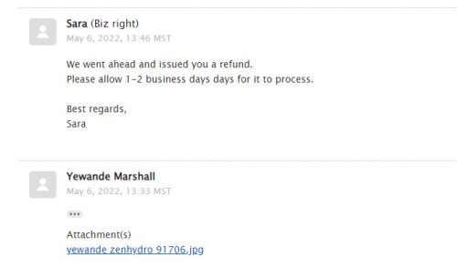 yewande zenhydro 91706 refunded