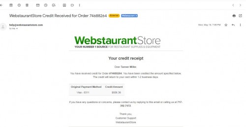 WebstaurantStore Credit Received for Order 74688264 (Tanner Miller).2