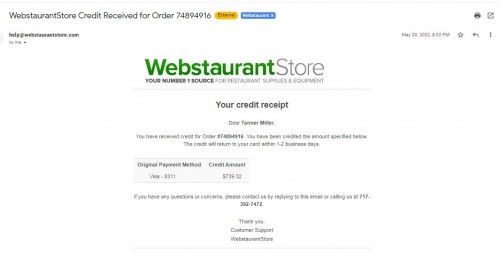 WebstaurantStore Credit Received for Order 74894916 (Tanner Miller)