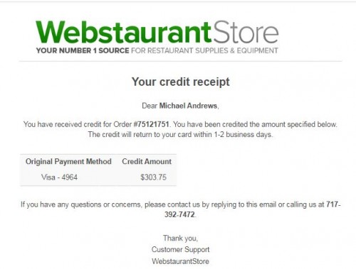 WebstaurantStore Credit Received for Order 75121751 Cindy Claunch