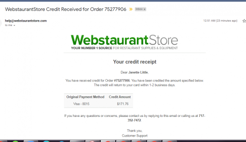 credit recieved for sarah christi form webstaurant