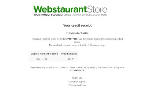 Webstaurant Proof of Refund Order75617586