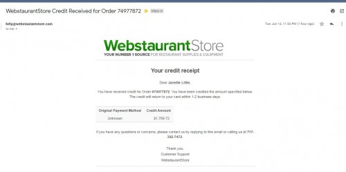 jimpollocl webstaurant refunded credit recived