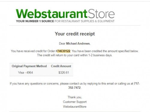 Refund from webstaurant to CATAL LLC