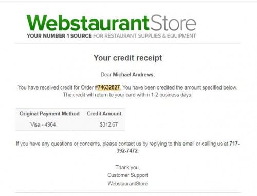 Refund from webstaurant to Derric Morrison