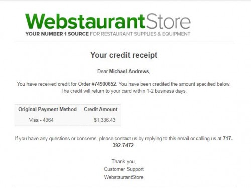 Refund from webstaurant to Julian Kennell