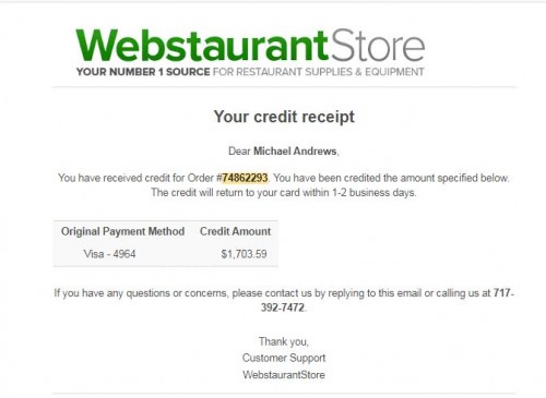 Refund from webstaurant to debra darley