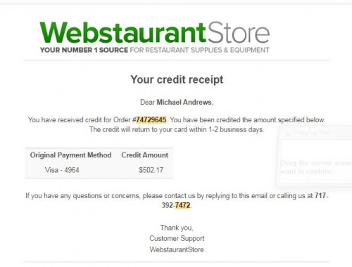 Refund from webstaurant to sydney Planz