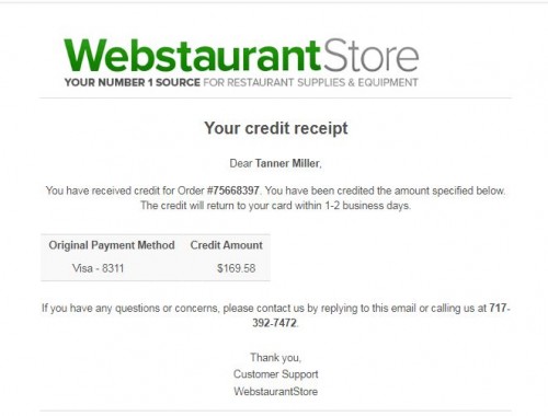 Refund from webstaurant to Tanya M. Odom