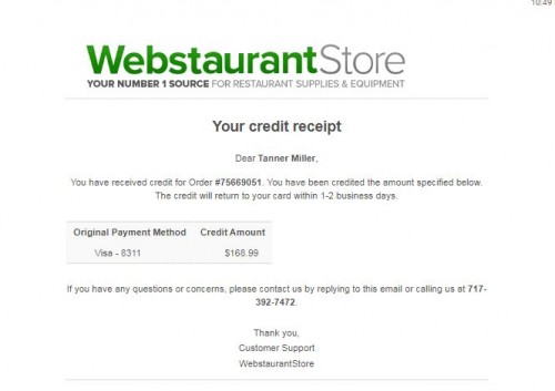 Refund from webstaurant to Egda