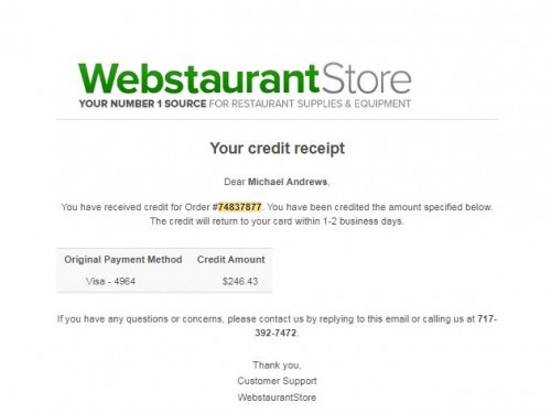 Refund from webstaurant to Meshi brooks