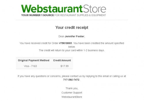 Webstaurant Proof of Refund Order75618003