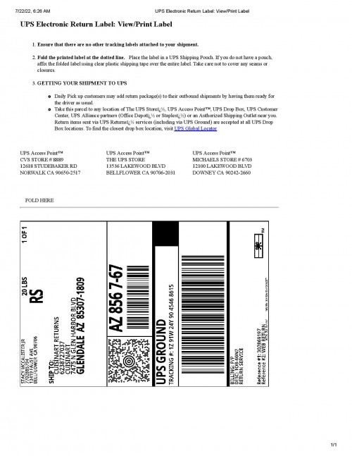 UPS Electronic Return Label View Print Label page 001