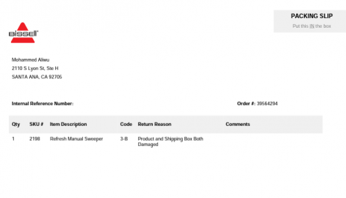 Return Packing Slip