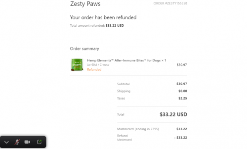 Proof of refund Hue TB ZestyPaw 155558