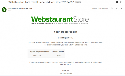 Proof of refund Megan Webstaurant 77954352