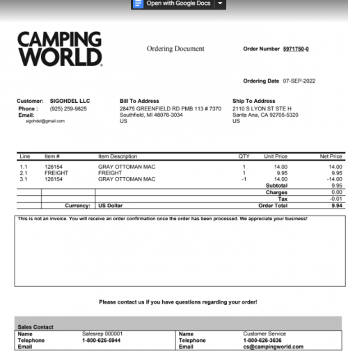 Proof of refund CampingWorld Hue Tb 7003409663