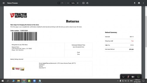 Return Process Hue TractorSupply Label 1109515569